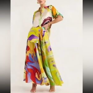 Commense - Satin Print Drawstring Skirt Set, Multicolor